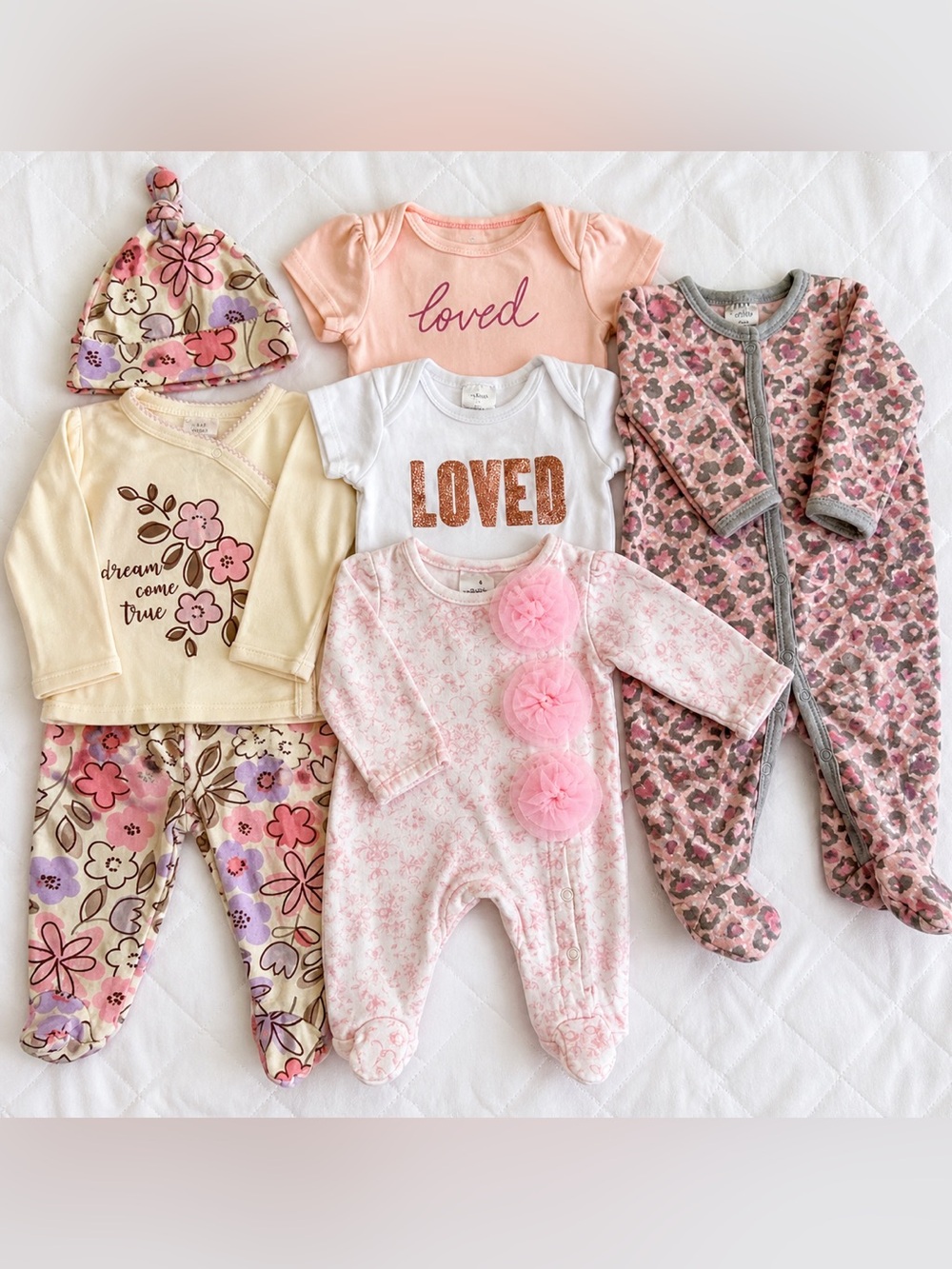 Baby Girl 0-3M Outfit Bundle Matching Set w/ Hat + Sleepers 6 pcs